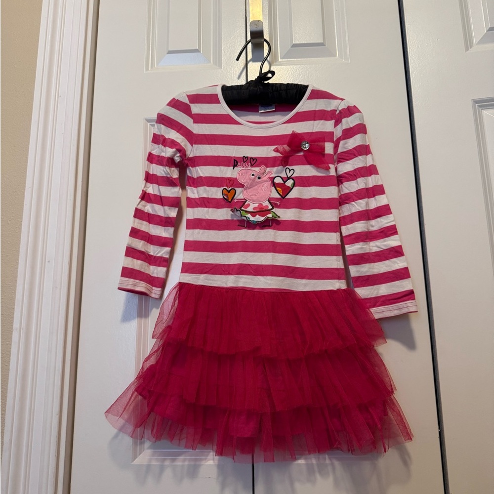 Peppa Pig Girls 6-7Y Pink White Striped Long Sleeve Tulle Skirt Character Dress